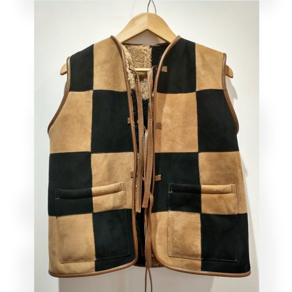 NWT Cawley Studio 'Ella' Patchwork checked checkerboard checker Shearling Vest - Picture 4 of 10